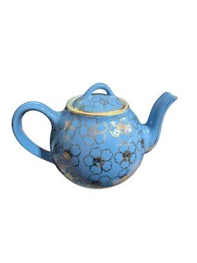 Hall China 049 Cadet Blue French Flower Floral Teapot 6-Cup Vintage 1940s